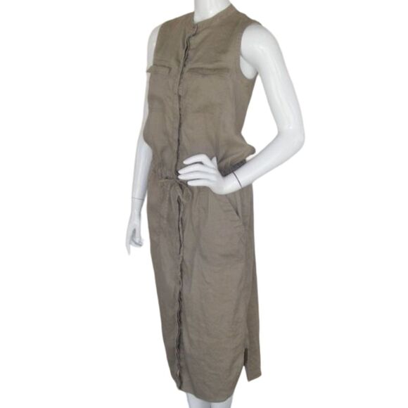 VINCE Midi Dress, XS, Khaki, Career, Sleeveless, Linen, Shirtdress - Picture 3 of 11